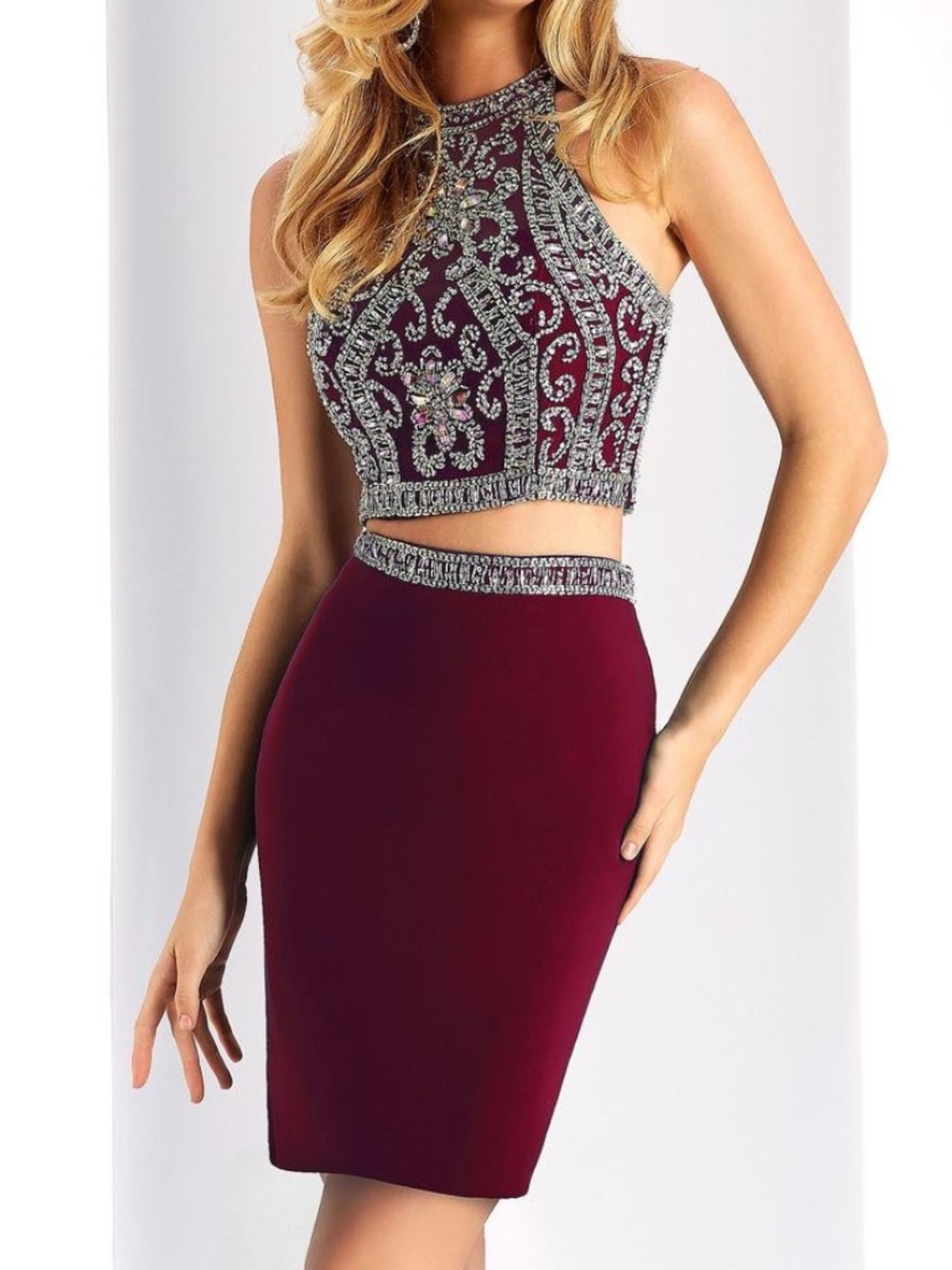 NWT Clarisse Marsala Beaded S3006 Halter Two-Piece Short Dress Size 8 Prom